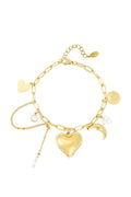 Bedelarmband met hartjes in het goud en maan en parel stainless steel