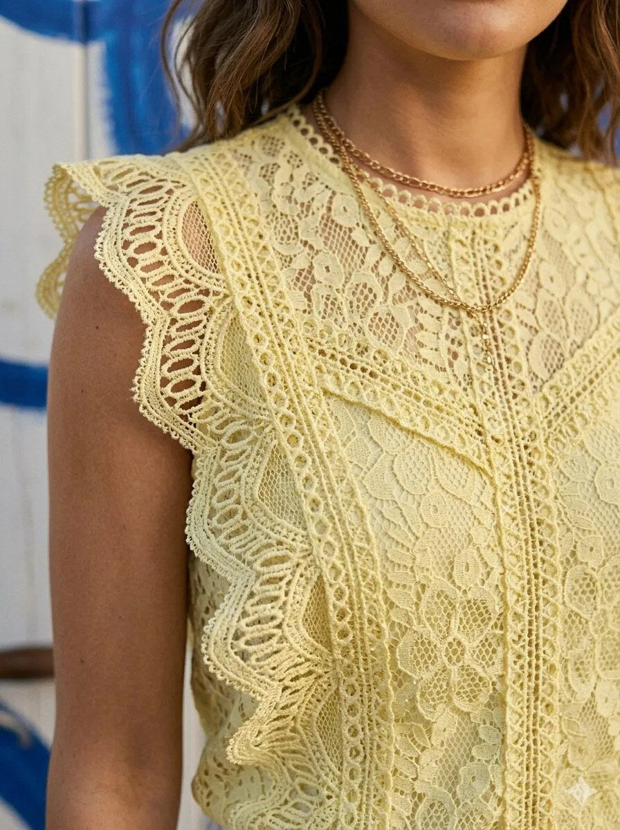Kanten top met mouwloze details in het geel