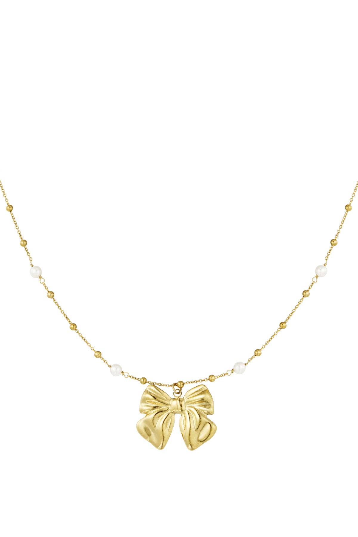 Ketting met parels en stipjes en een hanger van strik in het goud