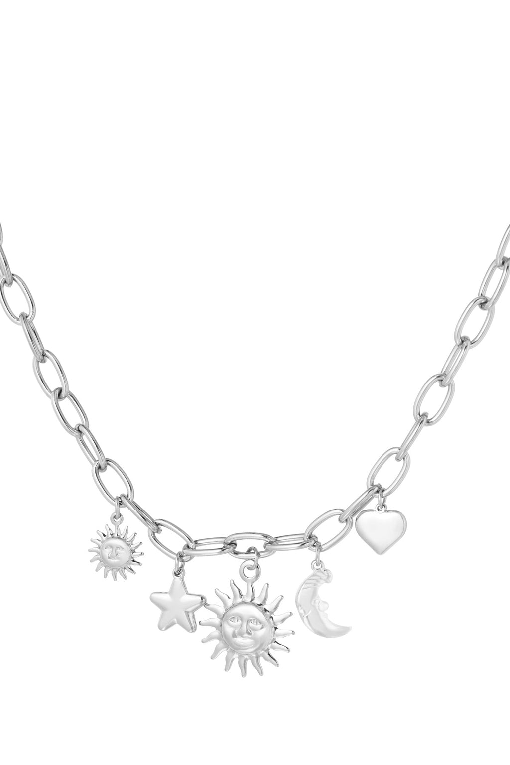 Statement bedelketting met verschillende hangers van maan, ster, zon en hart in het zilver