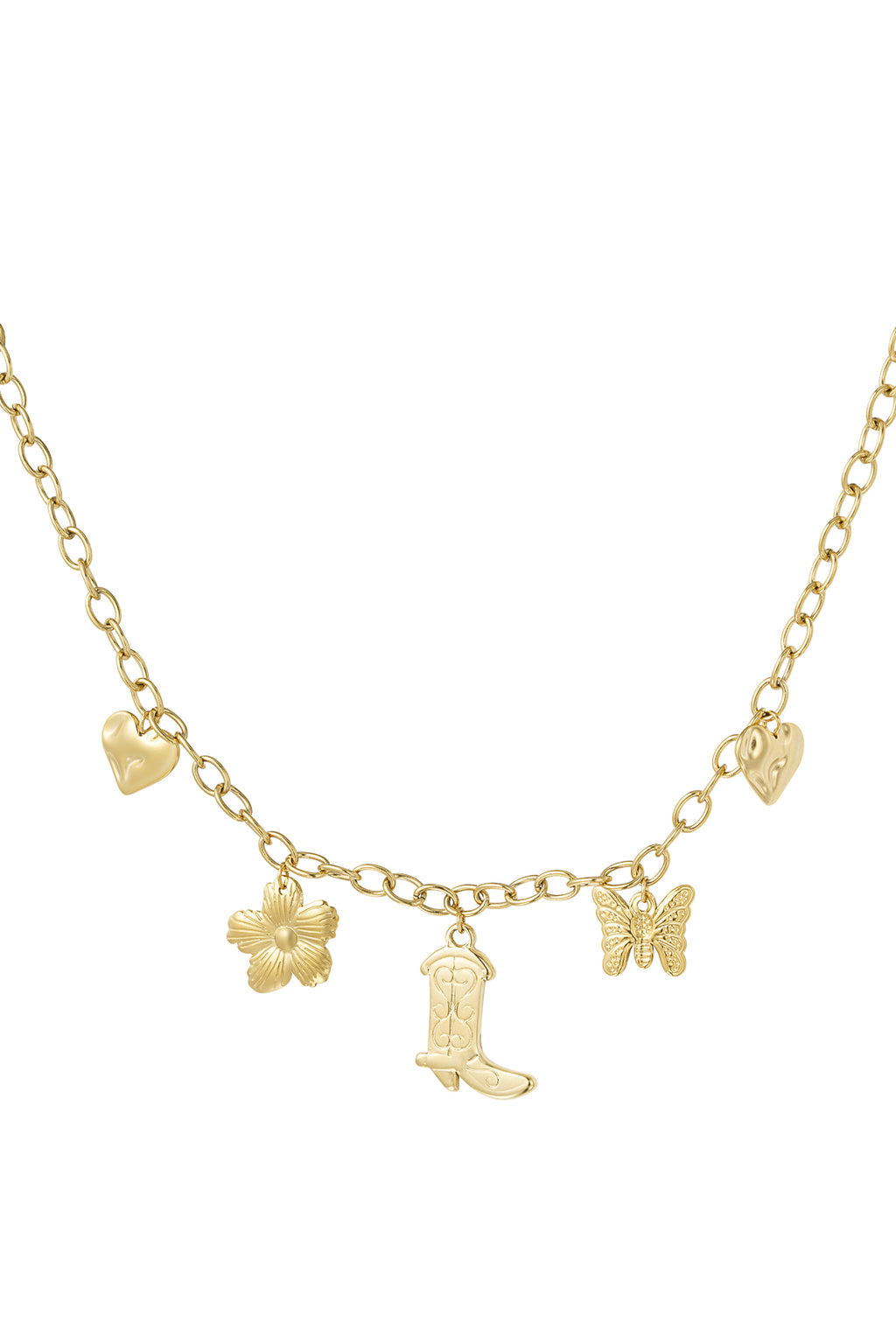 Bedelketting schakels verschillende bedels van cowboylaars, bloem, harten en vlinder goud