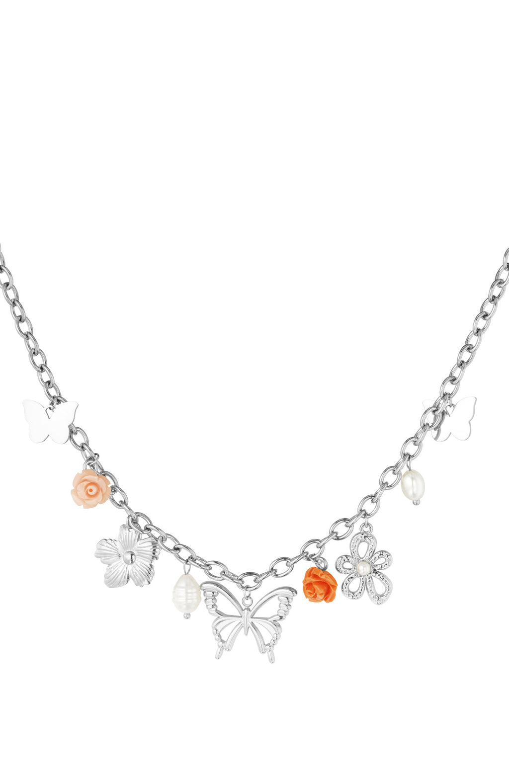 Bedelketting schakels verschillende bedels van vlinder, bloemen en parels in het zilver