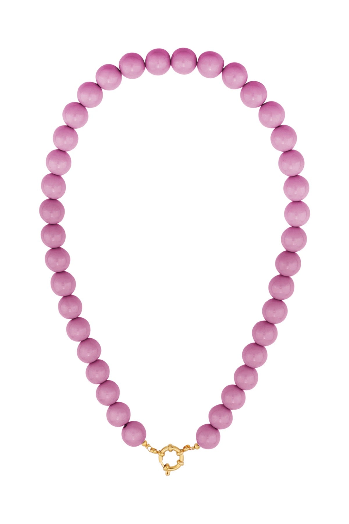 Kralenketting met middelgrote intense roze kralen en gouden ronde sluiting