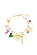 Bedelarmband statement en kleurrijke in het goud met bedels van hartjes, bloemen en kraaltjes