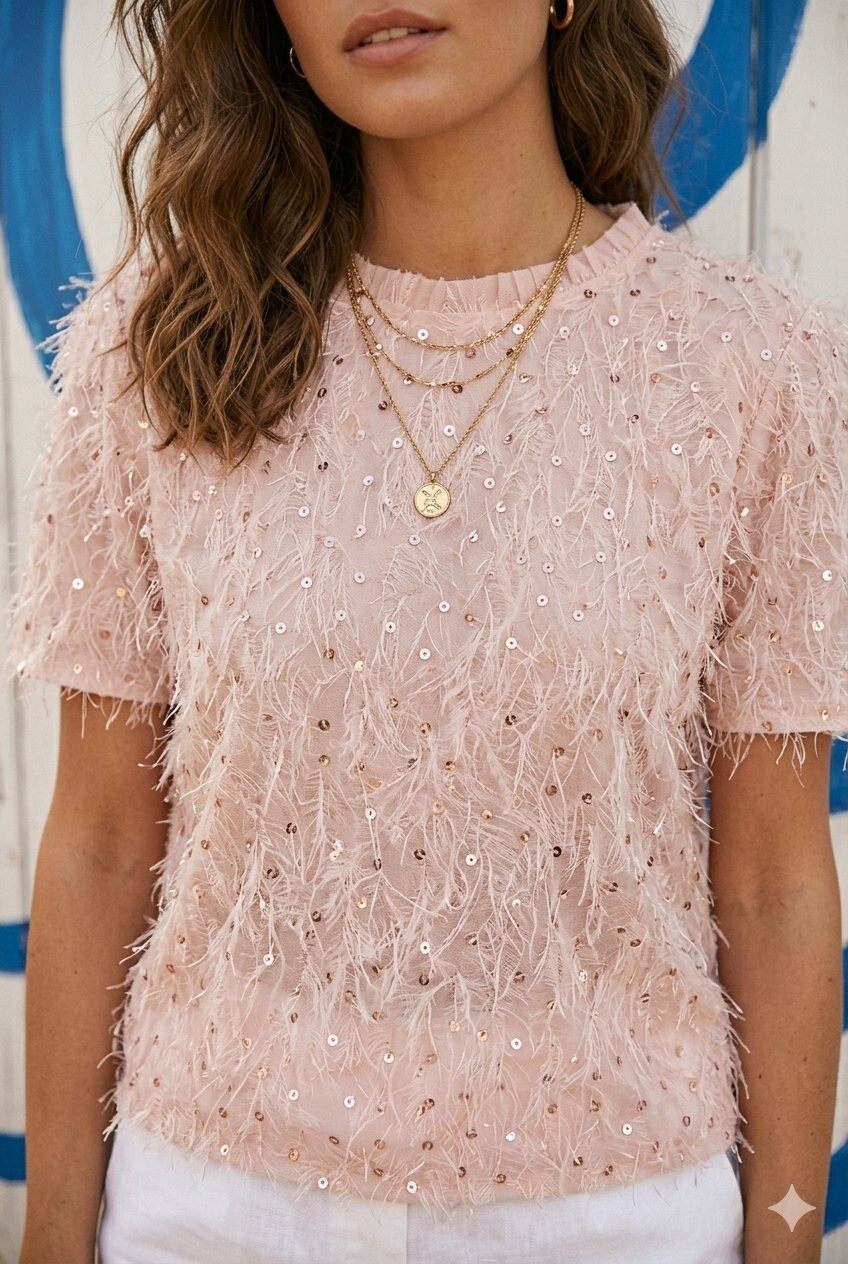 Shirt met korte mouw en sliertjes en glitters in een roze kleur