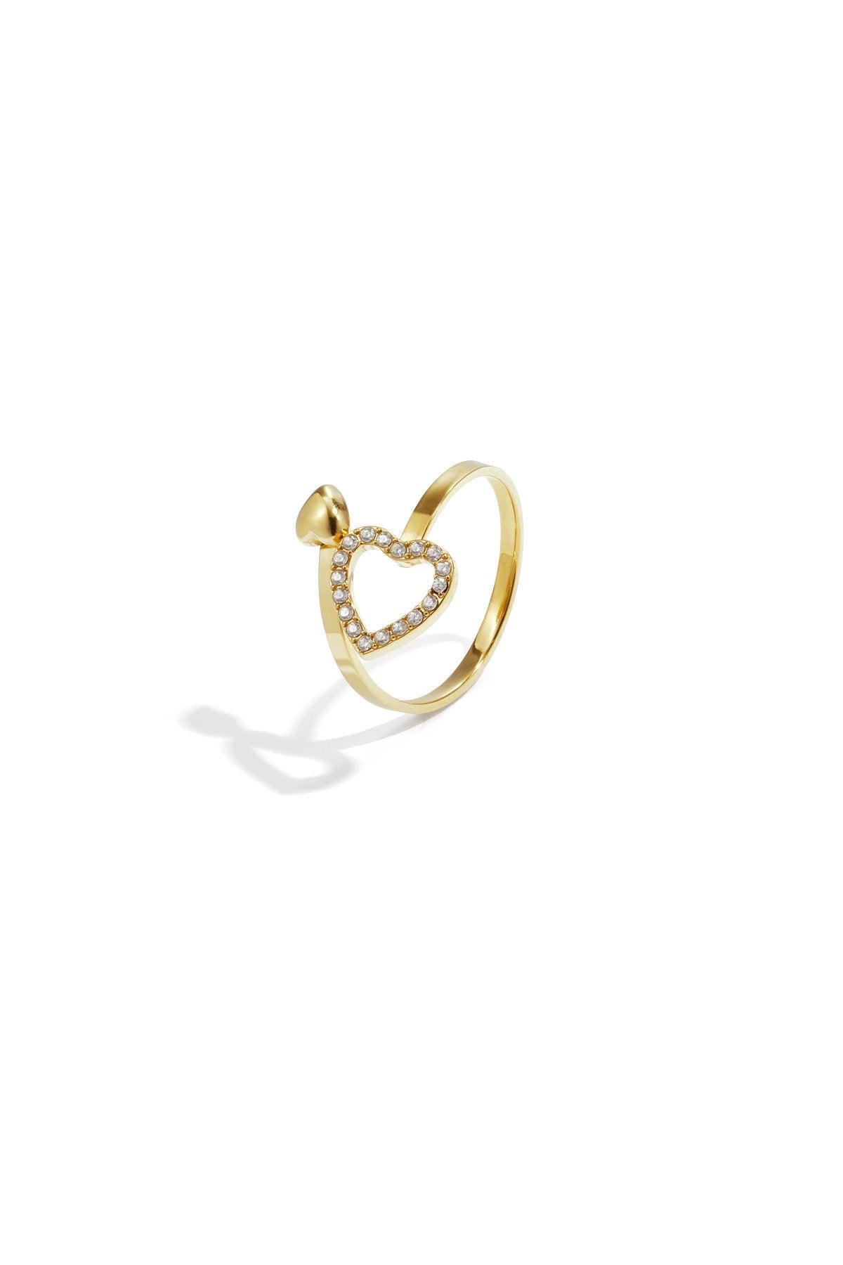 Ring met twee hartjes en glitter steentjes in het goud
