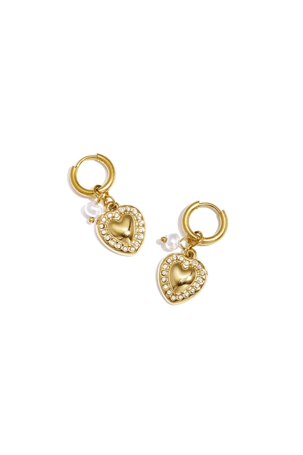 Gouden oorbellen met hartjes, glitters en parel