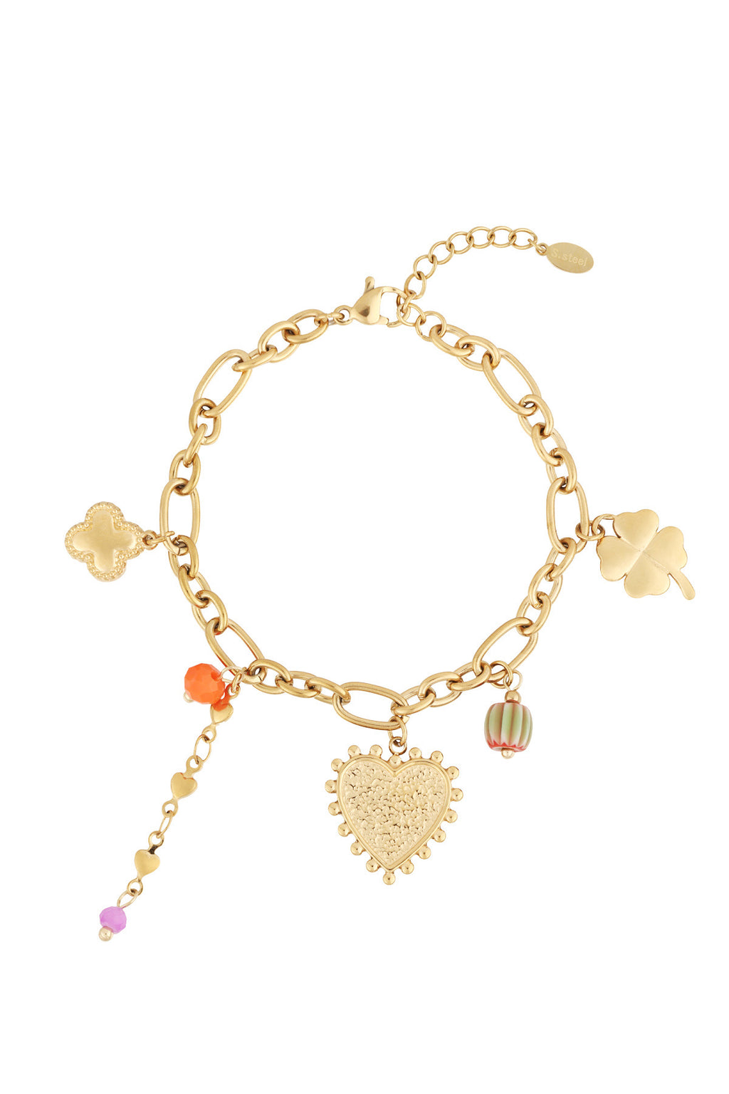 Bedelarmband met klaver, hartje en kralen goud