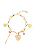 Bedelarmband met klaver, hartje en kralen goud