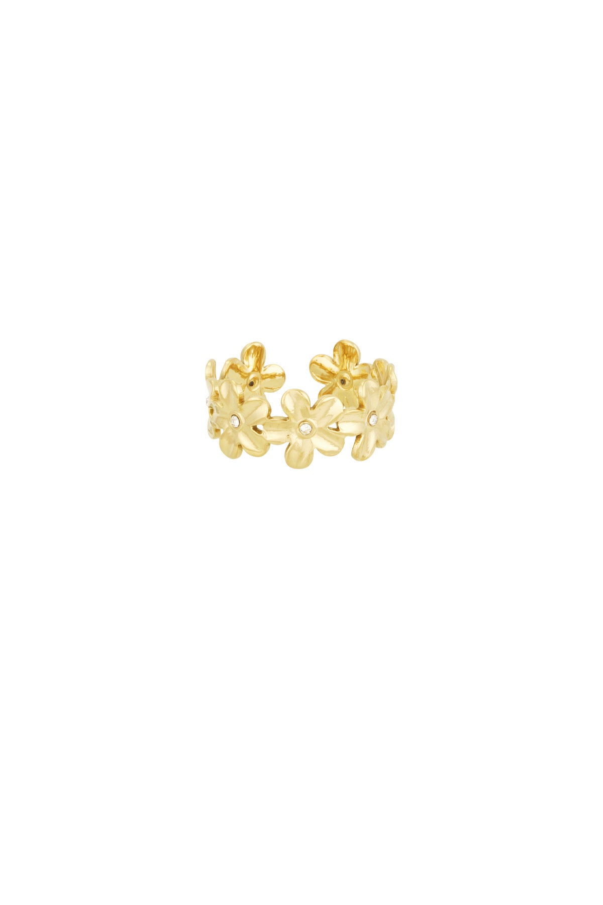 Bloemen ring met glitter steentjes goud