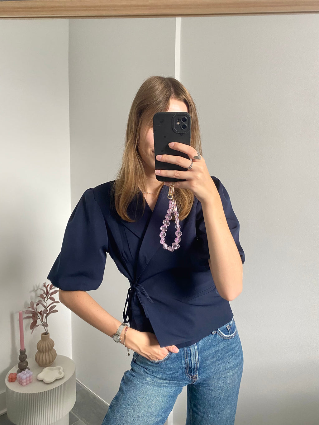 Blazer korte mouw met overslag en strik in navy