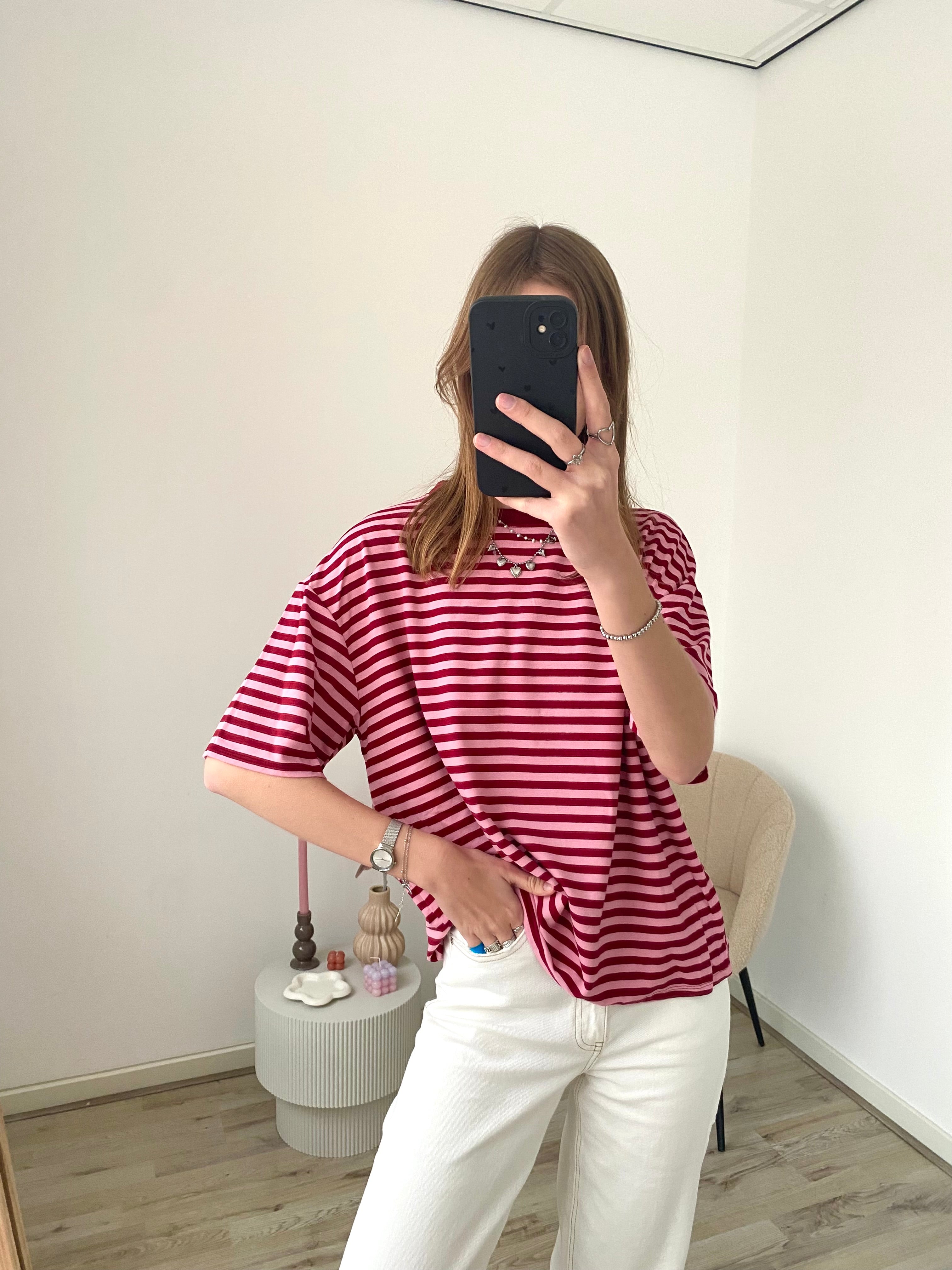 Oversized shirt met strepen in bordeaux en roze