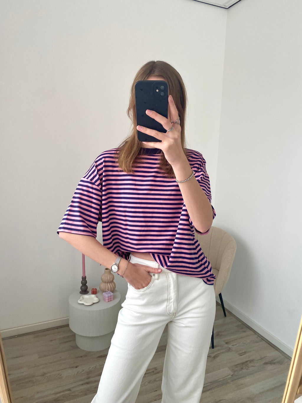Oversized shirt met strepen in roze met navy kleur