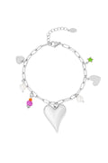 Bedelarmband met schakels en bedels van hartjes en parels zilver