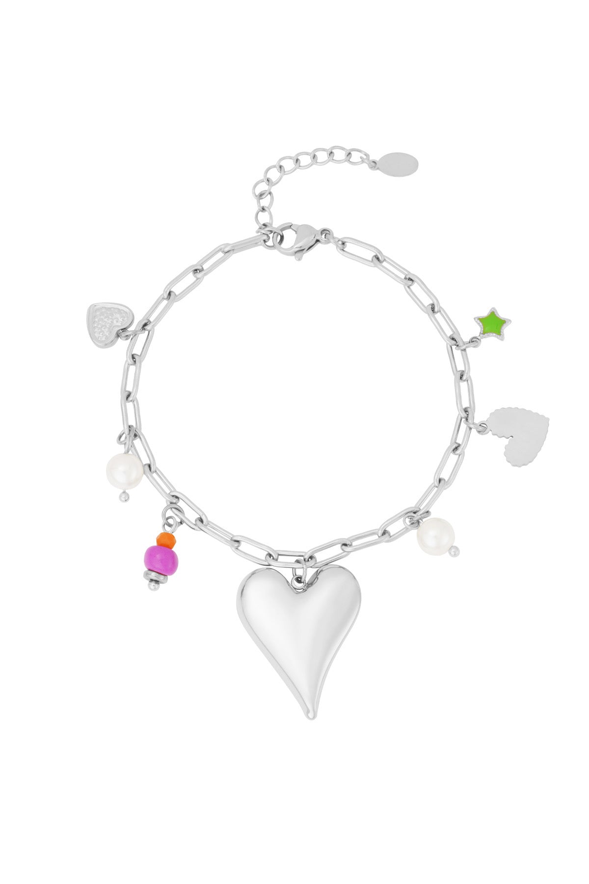 Bedelarmband met schakels en bedels van hartjes en parels zilver