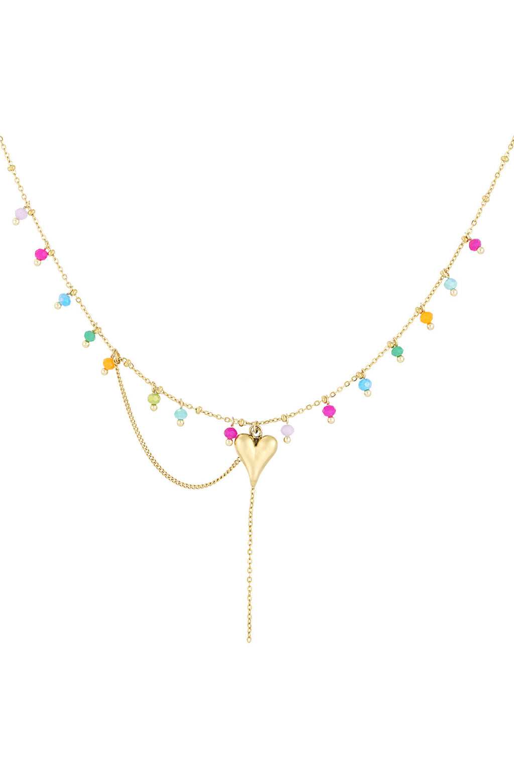 Ketting met hartjes hanger en gekleurde kralen in het goud
