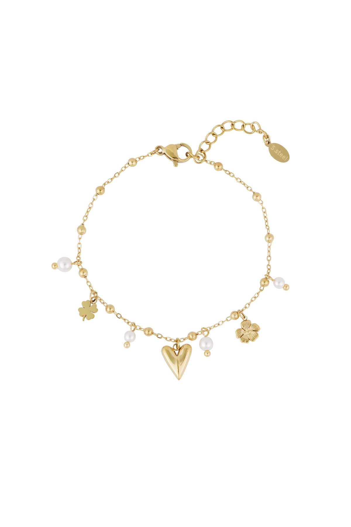Minimalistische armband met bolletjes, parels, klavers en hartje goud
