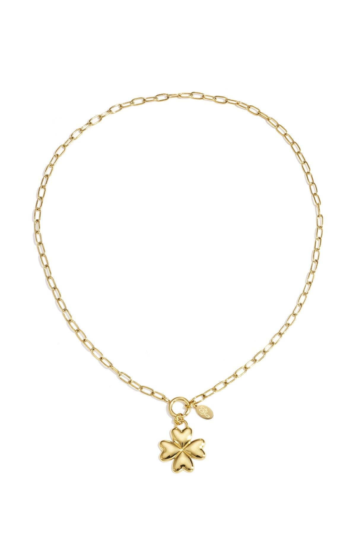 Ketting met fijne schakel en klaver hanger in het goud