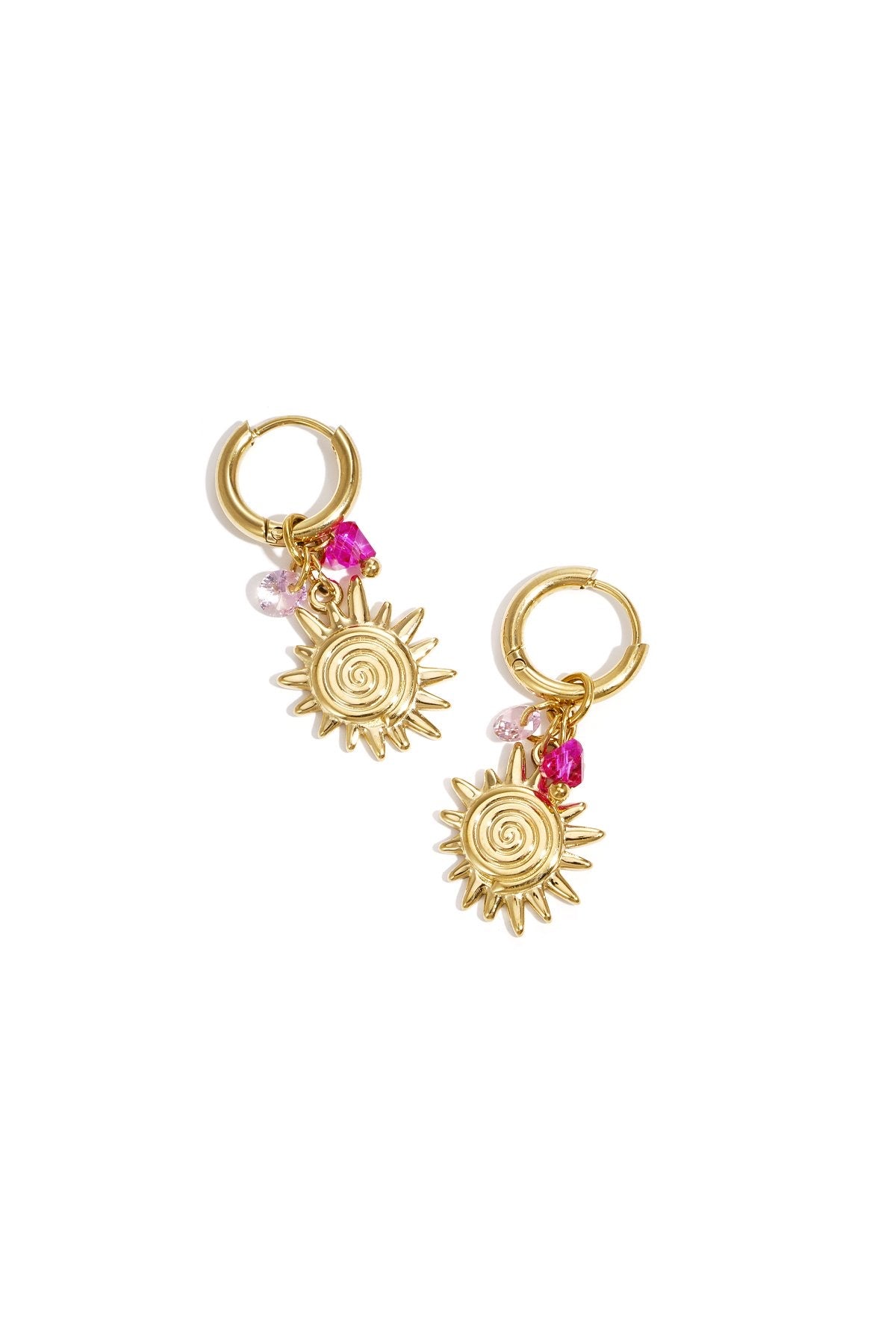 Oorbellen met zonnetje en roze kralen in het goud