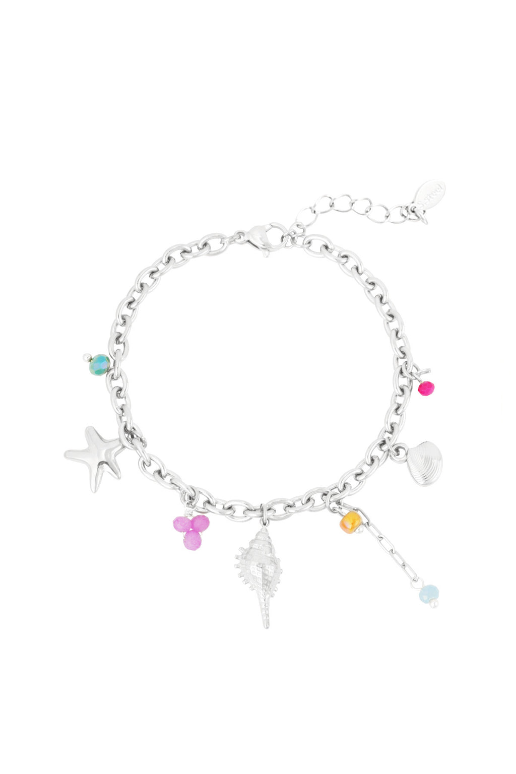 Bedelarmband schelpen en kleurtjes zilver