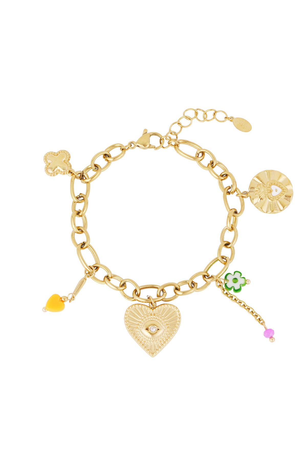 Bedelarmband met grove schakels en bedels van hartje, klaver en kralen goud