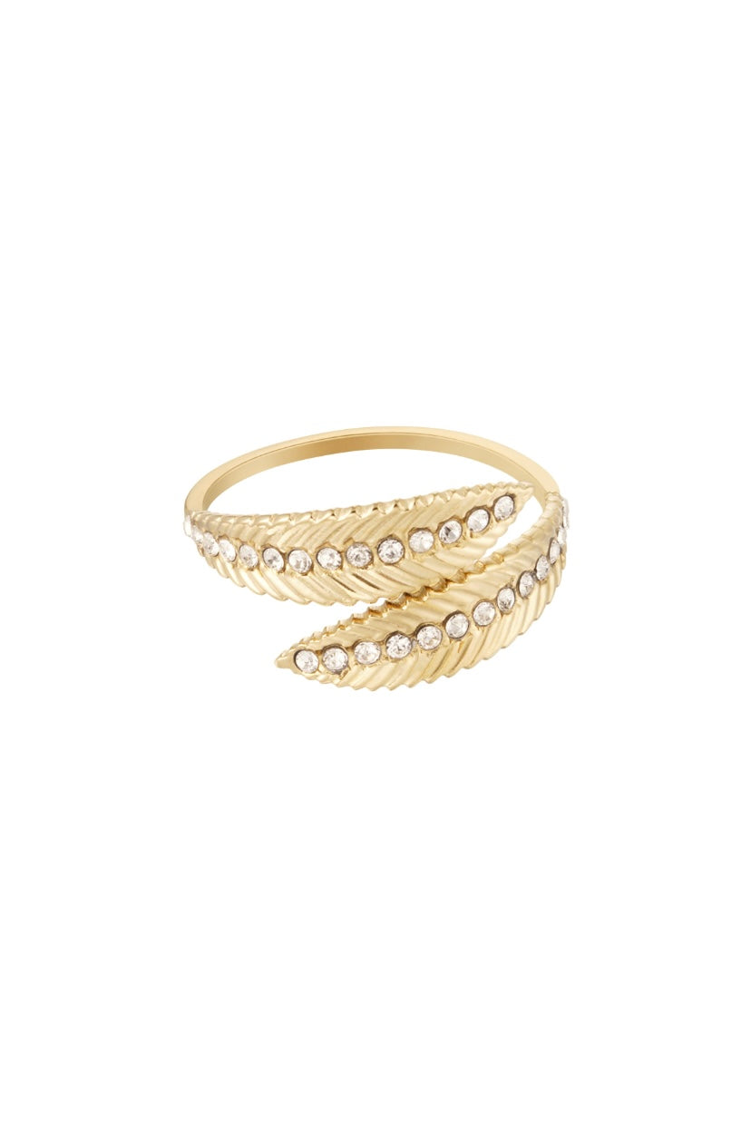 Goudkleurige verstelbare ring met blaadjes en steentjes waterproof