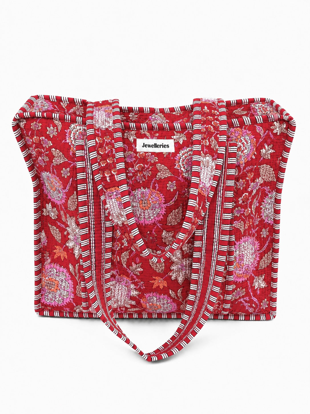 Vrolijke en kleurrijke shopper tas met bloemenprint in het rood met lang hengsel en ritssluiting. De tas voor werk, school of vakantie. 