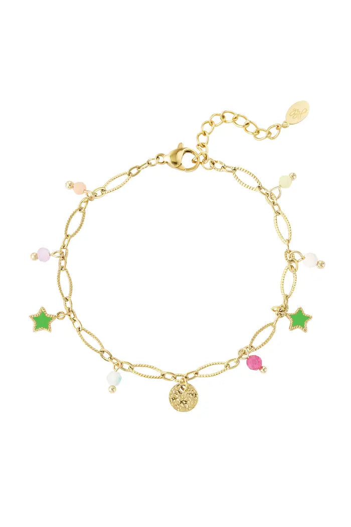 Subtiele schakelarmband gekleurde bedels goudkleurig