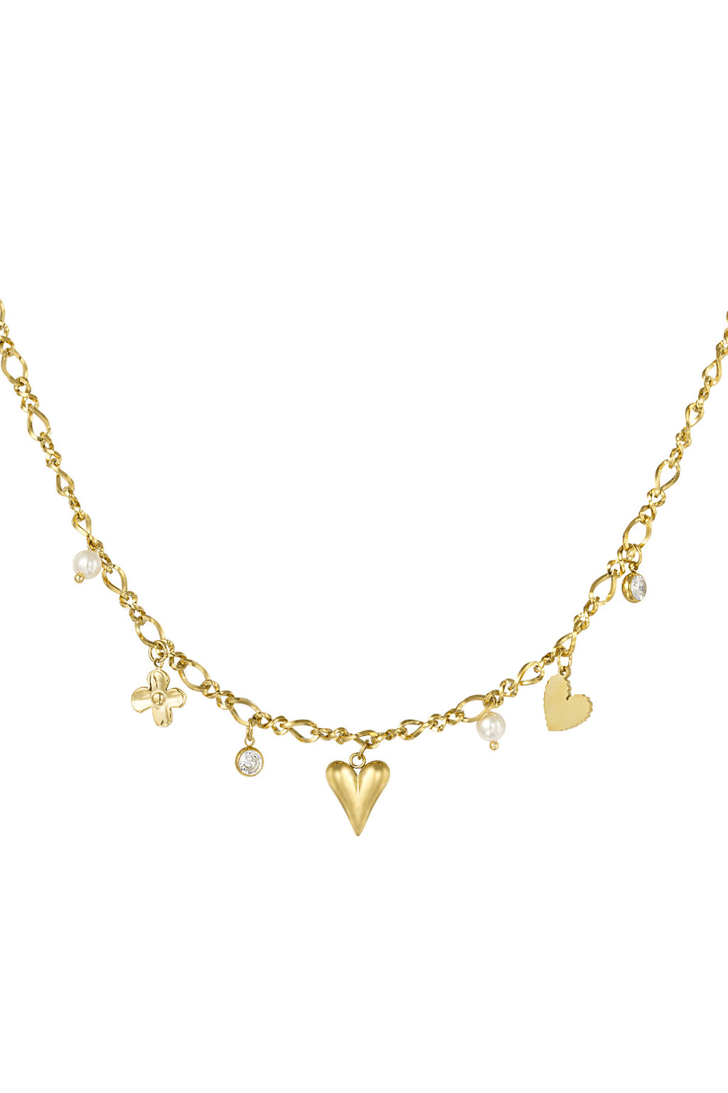 Ketting met bedels van hart, bloem en parels in het goud