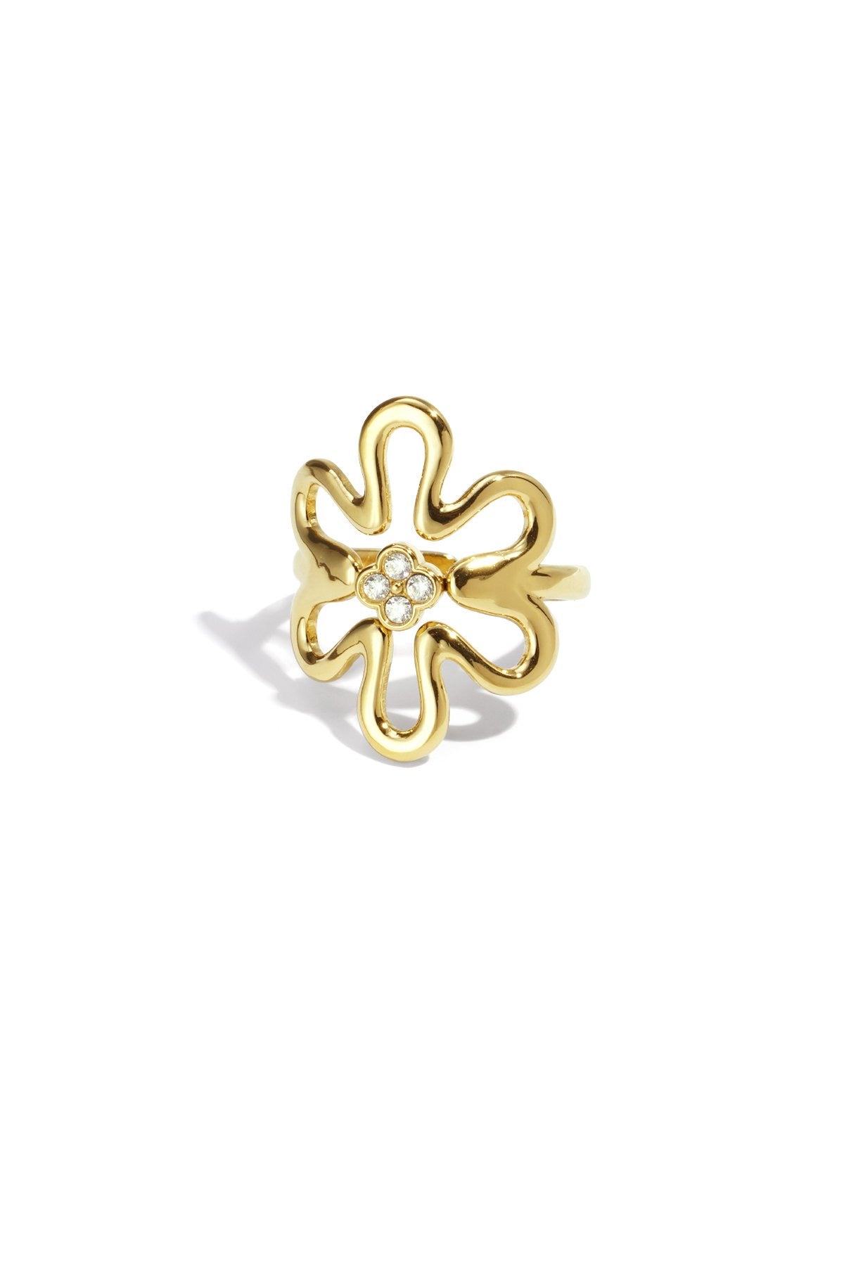Statement bloemen ring met glitter in het goud