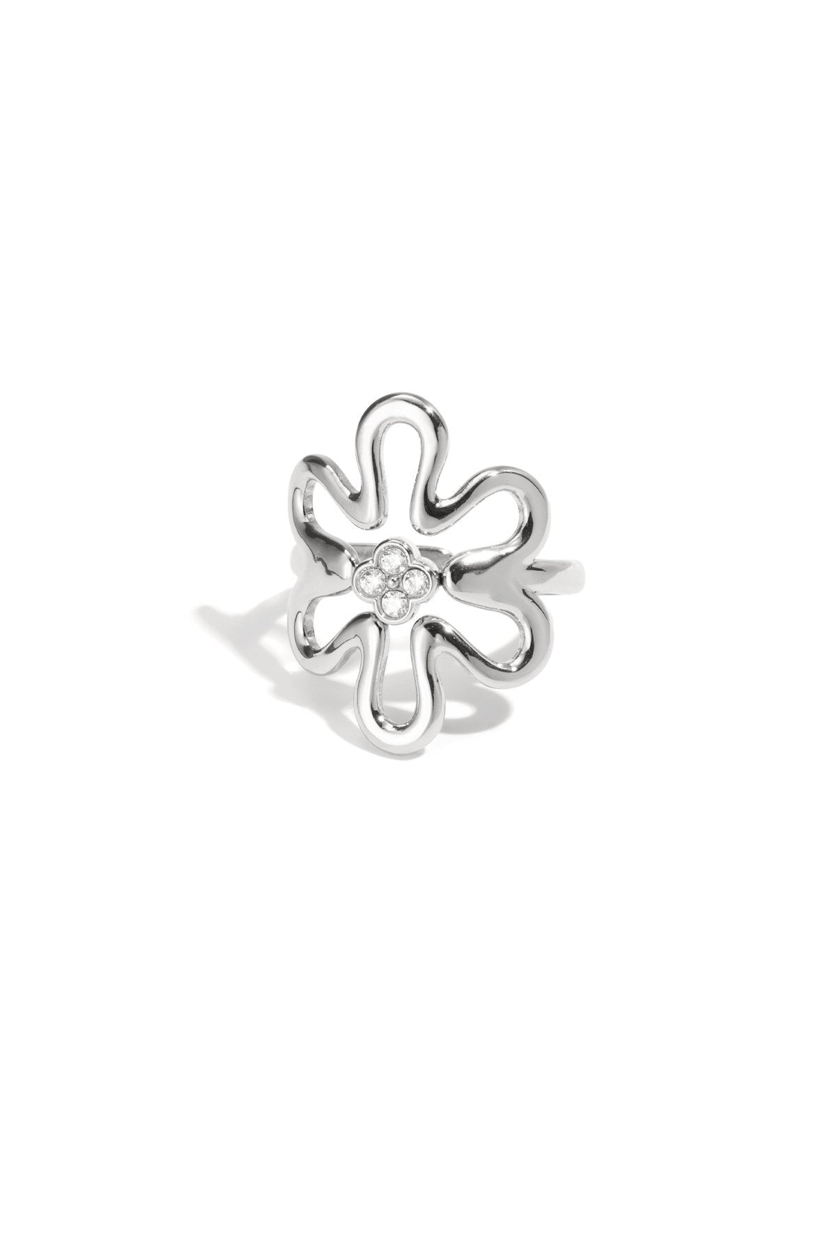 Statement bloemen ring met glitter steentjes in het zilver