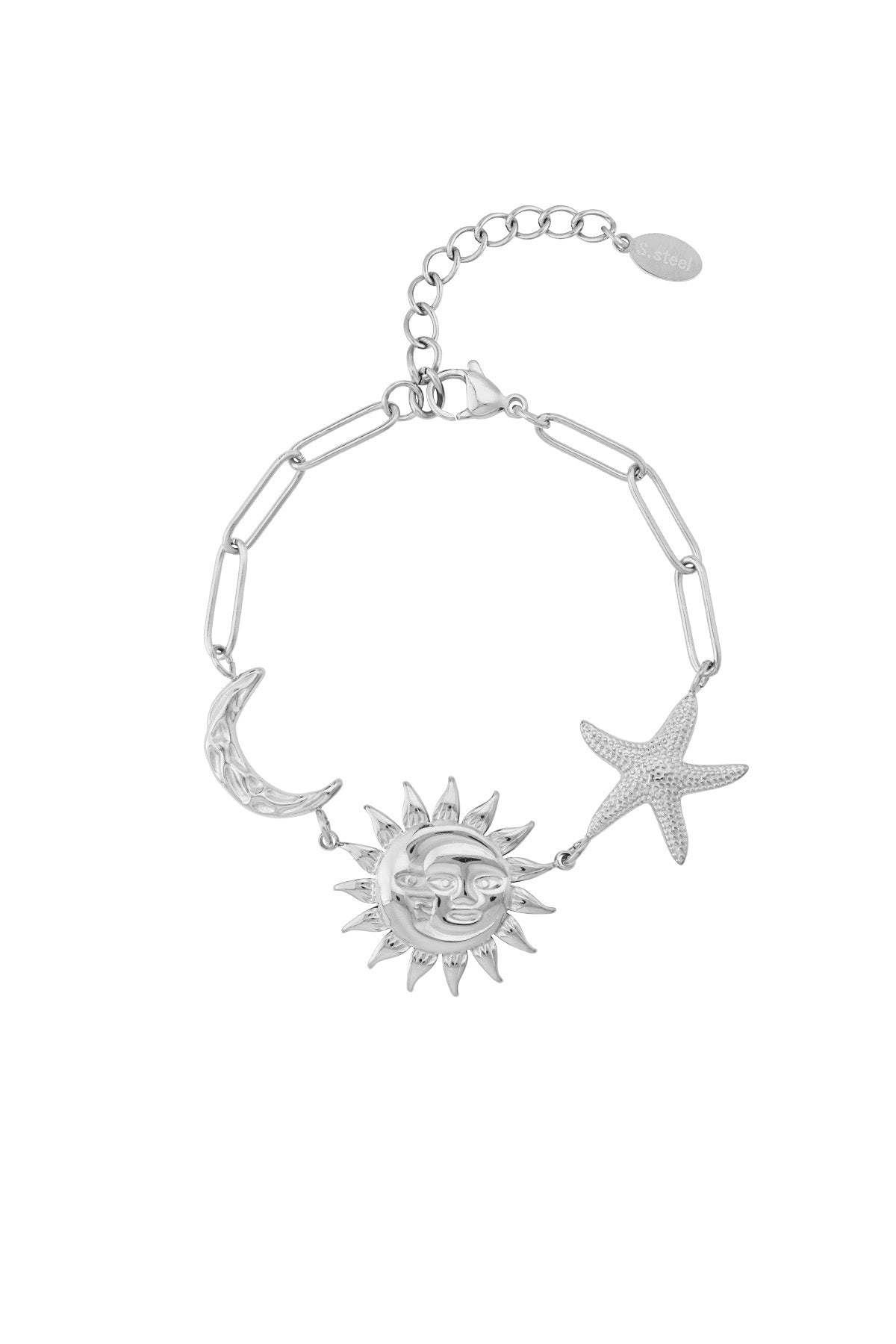 Schakelarmband met bedel van maan, ster en zon in het zilver