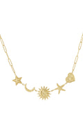 Ketting met schakels en bedels van sterren, maan, zon en hart in het goud