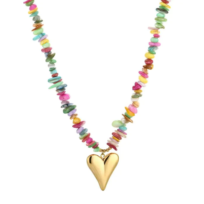 Kralen ketting met hartjes hanger multi goud