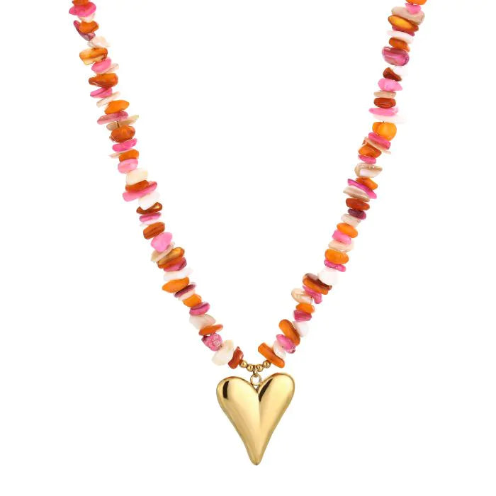 Kralen ketting met hartjes hanger oranje in het goud