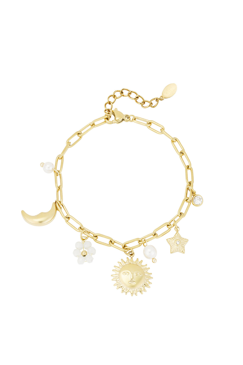 Schakelarmband met bedels van maan, bloem, parel en ster goud
