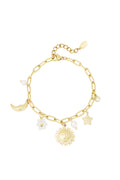 Schakelarmband met bedels van maan, bloem, parel en ster goud