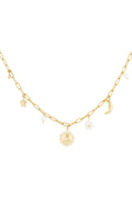 Schakelketting met minimalistische bedels van zon, ster, parel en maan goud