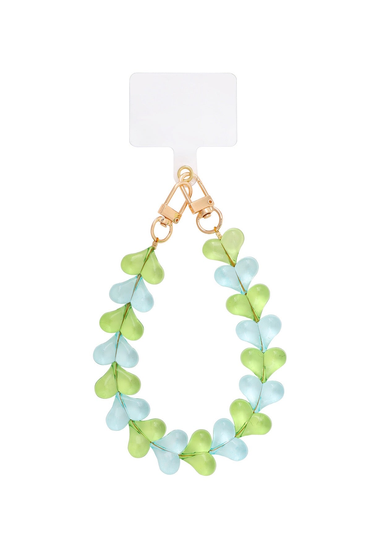 Telefoonkoord met gekleurde hartjes in groen en blauw