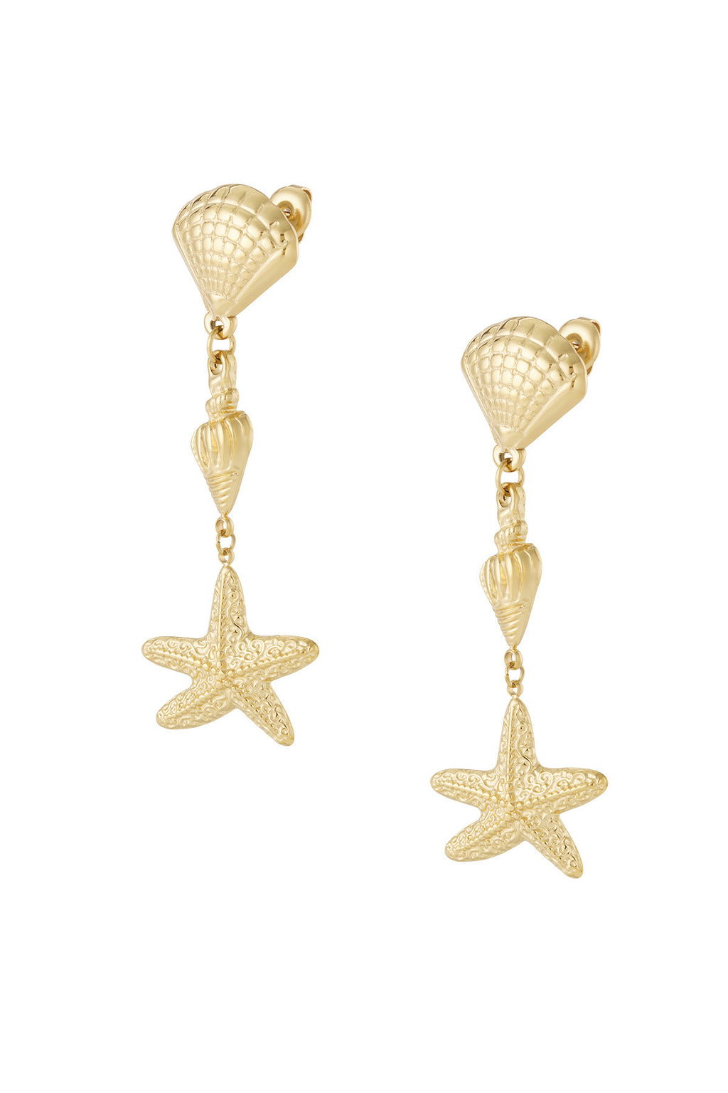 Stud schelpen en zeester oorbellen in het goud